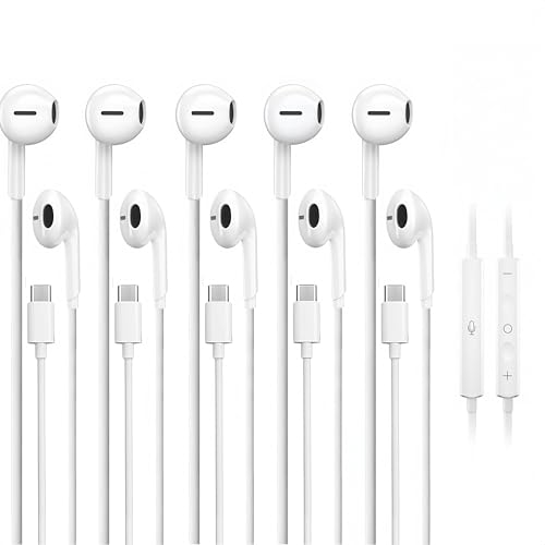 5 Pack USB C Headphones for iPhone 17/16/15 Pro Max iPad Plus TypeC Earphones with Microphone Volume Control USBC Wired Earbuds USB Type C Earphone for Samsung S25 Ultra S24 S23 S22 （1.2M/4Ft）