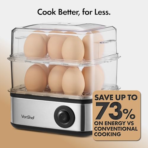 VonShef 3 in 1 Egg Boiler, Poacher and Omelette Maker Electric - Multifunctional, Extra Large Capacity for 16 Eggs, Poaching and Omelette Bowl Included & Automatic Switch Off – Stainless Steel 500W