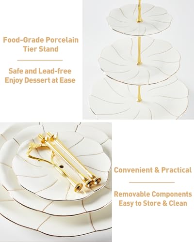 DUJUST Luxury Porcelain 3-Tier Cupcake Stand Tower, British Style Serving Tray with Golden Trim, Food Grade Dessert Display Stand, Beautiful Gift for Tea Party & Home Décor - Image 6