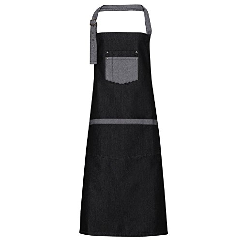 Shirtoo Black Cooking Apron in Cool Jeans Look and Contrasting Ribbons and Bag, with Adjustable Neck Bench and Pocket, Unisex, black, One Size