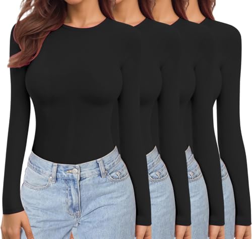 Ekouaer Womens Pack Long Sleeve Shirts Crew Neck Stretch Fitted Underscrubs Trendy Basic Tops Lightweight Thermal Tee Black/Black/Black/Black S