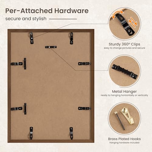 Image of FLYJOE 12x16 Oak Wood Picture Frame with Mat for 8.5x11, 12 by 16 USA-Sourced Natural Solid Wooden Photo Frame for Wall Display, Shatterproof Plexiglass, Hanging Hardware Included, 4 Pack, Walnut Color