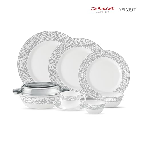 Image of La Opala Diva Velvett Collection Opal Glass Crockery | for Family of 8 | Dinner Set 62 pcs Tudor Grey | Plates & Bowls for Dining | Microwave Safe | 100% Vegetarian | Extra Strong | Light & White