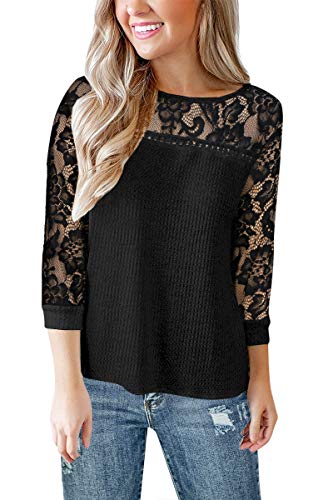 Clarisbelle Women's Round Neck Casual Elegant Knitwear 3/4 Sleeve Floral Lace Ribbed Blouse Black M