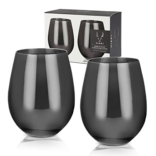 Viski Gunmetal Stainless Steel Wine Glasses, Modern Wine Tumblers, Elegant Drinking Glasses for Red and White Wines, Wedding Gifts, Holiday, Birthday Party, Home Bar, Drinkware Set of 2, 18 oz, Black