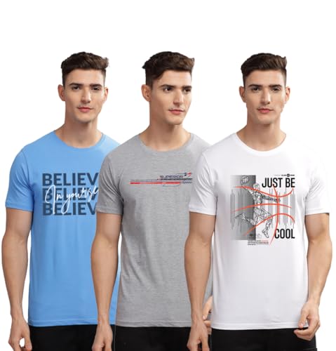 Image of ADRO 100% Cotton Lycra Tshirts for Men Combo Pack of 3 | Regular Fit | Printed T Shirt | Round Neck Half Sleeve| Mens Tshirts