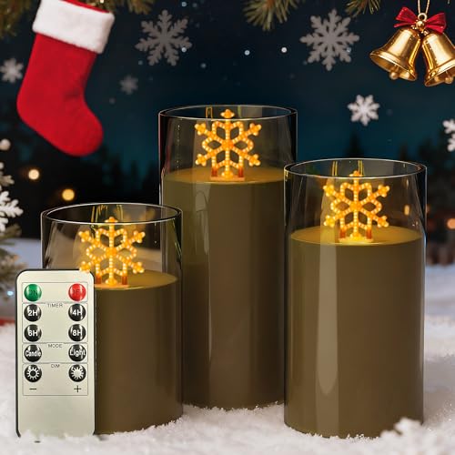 L LOHAS LED Christmas Electronic Candle Night Lights with Remote, 3-Pack Snowflake LED Flameless Candles, Battery Operated Flickering Night Light, 5 Brightness Levels & Timer, for Holiday Home Decor