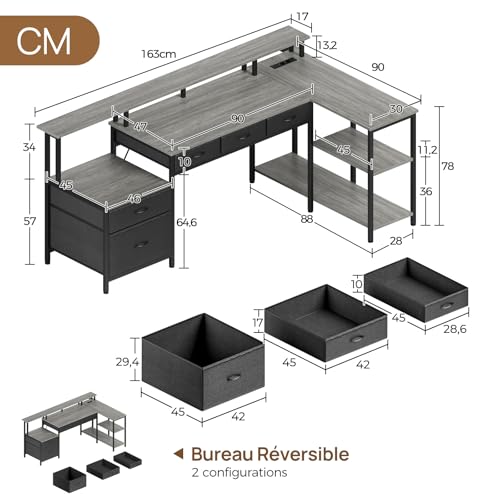 Bureau d'ordinateur en L Seventable gris avec ports USB intégrés