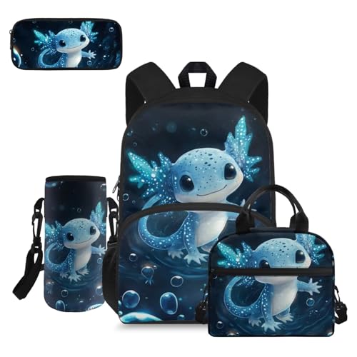 doginthehole Mochila para meninos com lancheira leve, conjunto escolar para meninos, 4 peças, mochila de livros de grande capacidade para meninos de 8 a 12 anos, Axolotl fofo, One Size