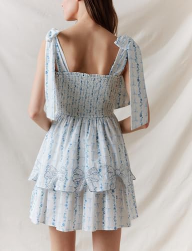 Image of Women Tie Shoulder Mini Dress Floral Ruffle Babydoll Dress Boho Square Neck Sundress Cute Summer Dresses