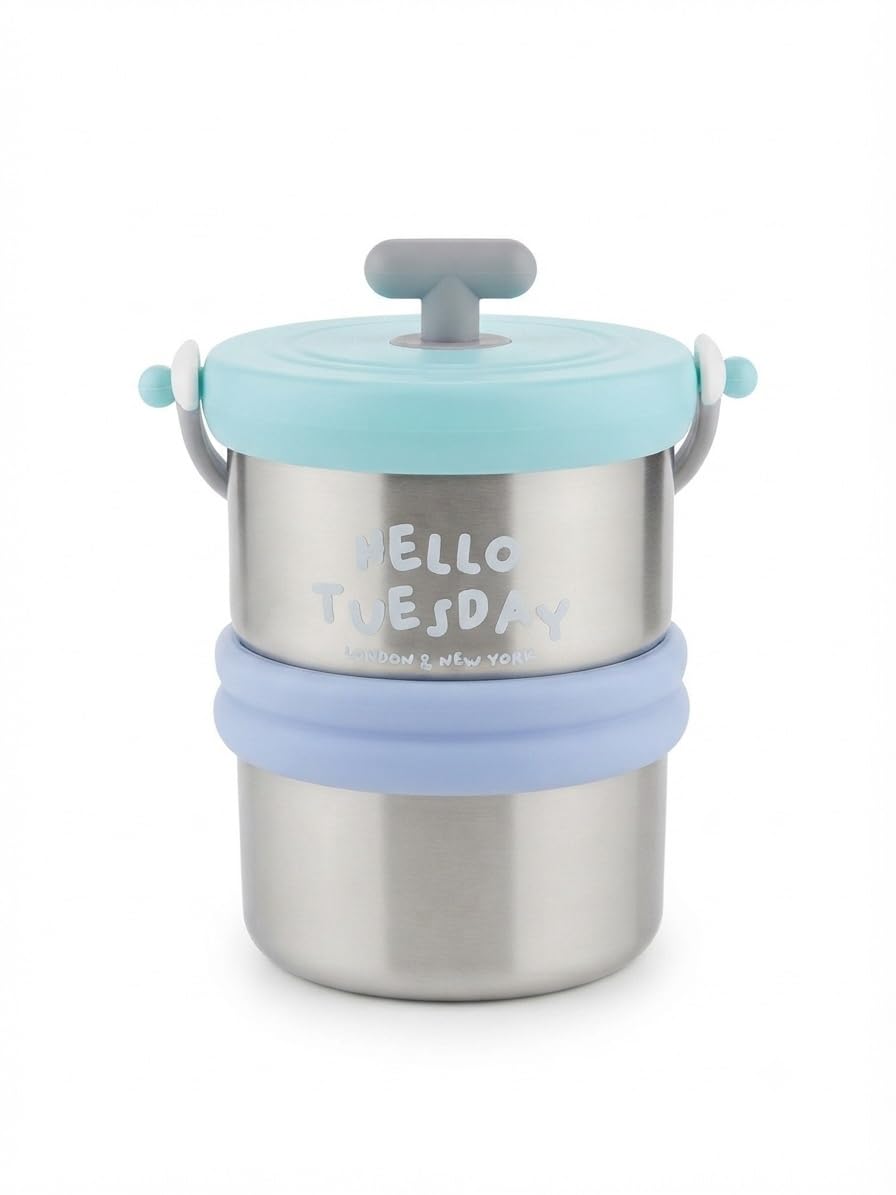 2 Layer Stainless Steel Lunch Box with 2-Compartment Tray Locking Lid & Spoon