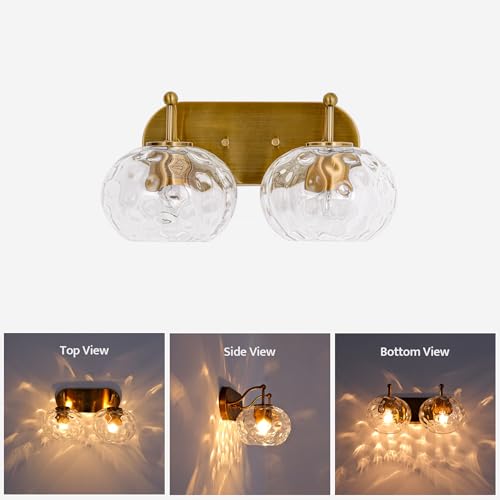 Image of Brushed Gold Vanity Light Clear Hammered Glass Wall Sconce 2-Light Brass Wall Lamp for Hallway Living Room Stairwell Bathroom Over Mirror