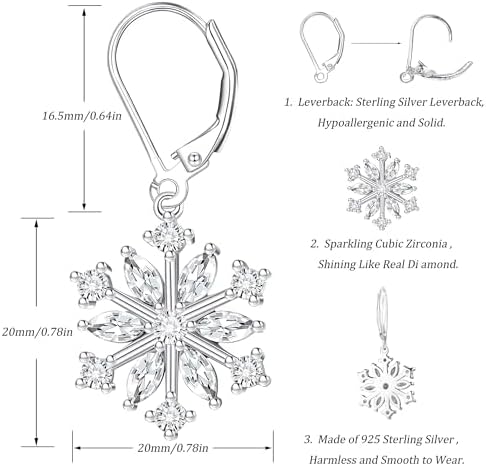 KRFY Orecchini a Fiocco di Neve Argento 925 per Donne Ragazze Orecchini a Goccia Placcati in Oro 18K con Chiusura a Leva Orecchini Invernali a Fiocco di Neve per Vacanze Natalizie Regali