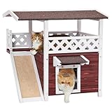 Petsfit Outdoor Cat House Weatherproof, Wooden Outside Feral Cat Shelter with Scratch, 2 Story Cat Houses for Indoor Cats Small Dogs with Escape Door(Red)