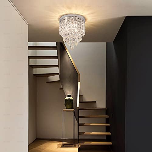 Chicaya Crystal Chandelier Ceiling Lights, Flush Mount Light with Acrylic Droplets,Chrome Finish,φ300mm,Mini Ceiling Lighting for Hallway,Livingroom,Bedroom
