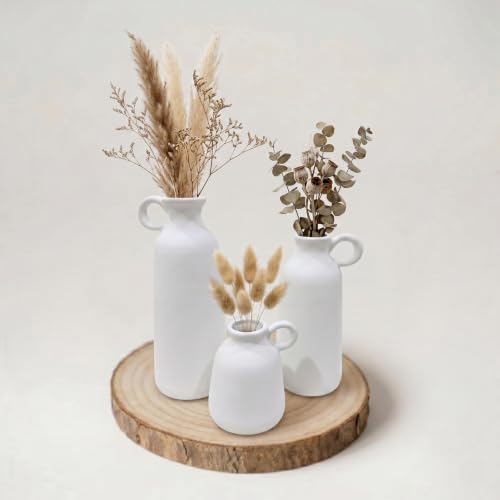 Image of PUREZENTO White Ceramic Roman Bottle Vase - Set of 3 | Matte Ceramic Flower Vases for Pampas Grass & Dried Flowers | Modern Decorative Vases for Home, Living Room, Bedroom, Office & Table Decor