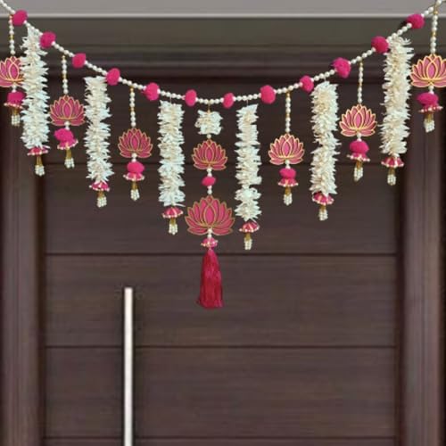 Pink Wooden Mdf Lotus (TL-01) Style Handmade Door Bandarwal Toran (Both Side Lotus) -Diwali Ganesh Pooja New Year Inauguration Wedding Festival Home Decor (40 In X 15 Inches)