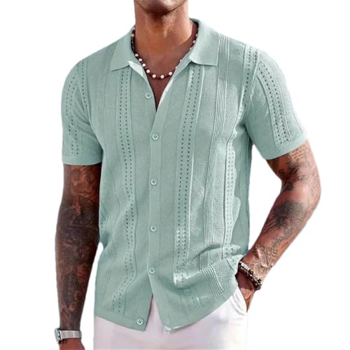 Men’S Slim Fit Hollow Out Textured Knitted Polo Cardigan Short Sleeve Retro Button-Down Top Tee