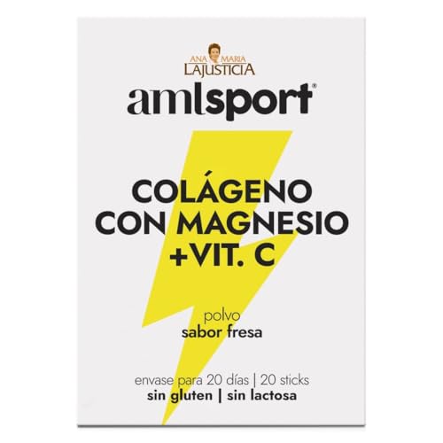 AML Sport   Colágeno con magnesio + VIT C, Articulaciones fuertes, Regenerador de tejidos con colágeno hidrolizado tipo 1 y 2, Sabor Fresa, 20 Unidades (Paquete de 1)