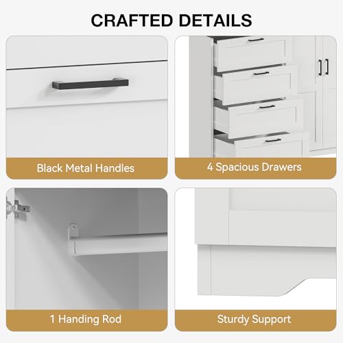 GarveeHome Multifunctional Wooden Dresser for Bedroom, 43.3'' H 2 Door Wardrobe Armoire Closet with 4 Drawers and Hanging Rod, Low Storage Cabinet for Hanging Cloth, White and Brown