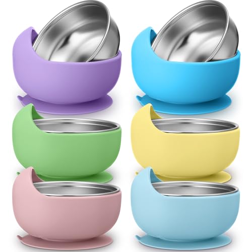 Image of Nuogo 6 Pcs Stainless Steel Baby Bowls with Removable Silicone Shell 304 Toddler Bowls Kids Anti Scald Snack Container for Food Feeding, Dishwasher Safe(Fresh Color,Suction-b)