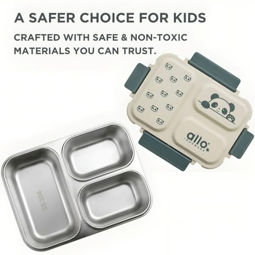 Image of Allo Bento Stainless Steel Lunch Box for Kids- BIS Approved, 304 Stainless Steel 3 Compartment Leakproof Tiffin Box for Boys and Girls for School, Travelling, Baby Snacks, 740ml Green Panda