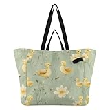 Wudan Bolsa grande de lona de moda para la cocina, bolsa grande para compras, viajes, dibujos animados, pato cayuga, verde salvia