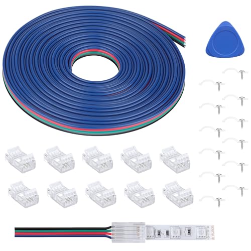 REDTRON 4PIN LED Light Strip Extension Cable, Solderless LED Strip Connector Kit with 5M Extension Cable & 10Pcs Connectors for 10mm 5050 RGB LED Strip Lights