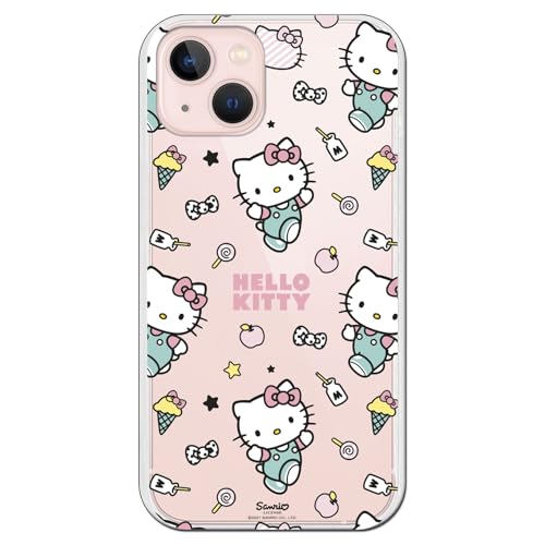 Personalaizer Funda Silicona Flexible Transparente para iPhone 15 con Diseño de Hello Kitty y Patrón de Stickers - Estilo Kawaii - Carcasa TPU