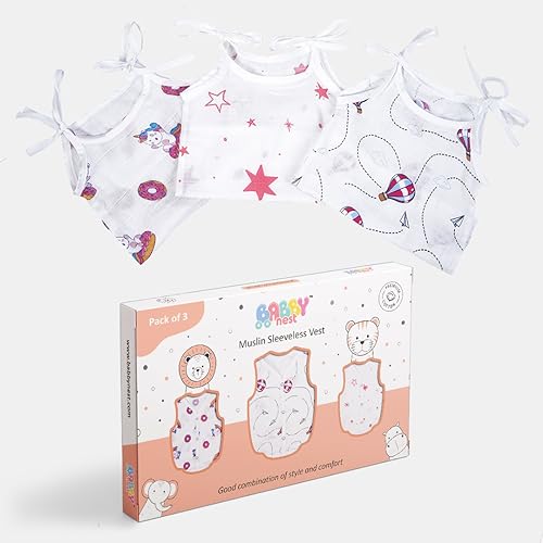 BABBY NEST 100% Cotton Muslin Baby jhabla | Baby Vest Clothes for New Born | Soft Sleeveless with dori, Baby Vest | Baby Vest for Newborn Boys Girls (Men: Medium)
