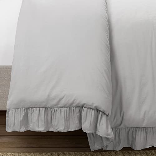 Image of Lush Decor Reyna Ruffle Cotton Duvet Cover Set 3 Piece Set Full / Queen, Light Gray - Queen Size Bedding Set - Gray Duvet Queen- Ruffled Bedding - Coquette Decor