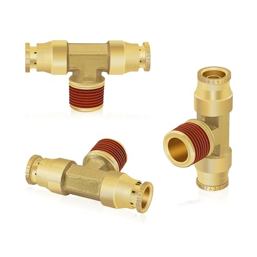 Siptenk 3/8 DOT Air Fittings 3PCS, 3/8" OD Tube x 3/8" NPT Thread Tee Union Brass Air Brake Line Push-To-Connect Fittings Brake Connector Kit for Truck Trailers Industry Air System