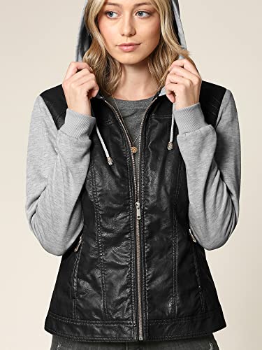 Women's Faux Leather Motorcyle Biker Jacket with Removable Hoodie4