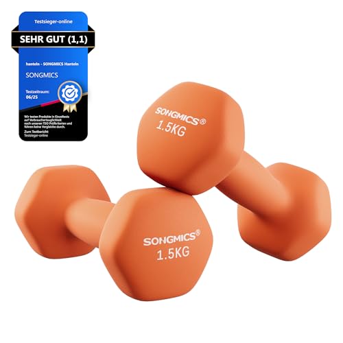 SONGMICS Hanteln 2er Set 2 x 1 5 kg mit matter Beschichtung aus Neopren rutschfest Krafttraining zu Hause orange SYL63OG