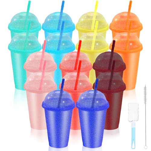 CoKeeSun 16 Stück Plastikbecher, 16oz/475ml Trinkbecher mit Strohhalm & Deckel, 8 Verschiedenen Farben Farbwechsel Becher, Wiederverwendbare für Eiskaffee Kaltes Trinken Smoothie Saft