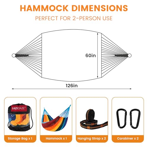 Lazy Daze Hammocks Handwoven XL Mayan Hammock, 10.5 FT Soft Rope Double Hammocks, Portable Outdoor Hammock with Carry Bag, 2 Straps & Carabiners for Patio Outside, 550 lbs Weight Capacity, Rainbow by Lazy Daze Hammocks - Image 3