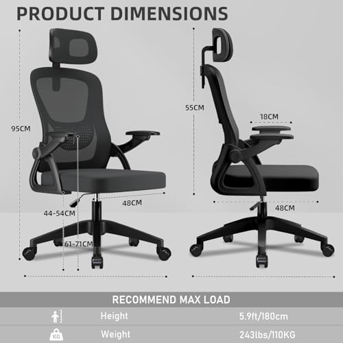 Ergonomic Office Chair, Mesh Swivel Chair with Adjustable Headrest, Flip-up Armrests, Height Adjustable for Home, Office, Work, Gaming and Relaxation, Black - Image 4