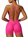 ECUPPER Women Backless Workout Jumpsuits One Piece Adjustable Strap Gym Rompers Zip Up Tummy Control Yoga Bodysuit Rose Red S