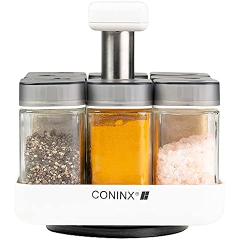Coninx Rotating Spice Rack With Jars - Modern 8 Jar Lazy Susan Spice Storage & Spice Rack Organizer - A Spice Organizer for Every Home - Herb Rack with Easy Lazy Susan Turntable - Just Spin & Spice! Cover