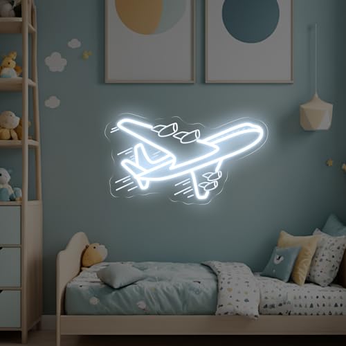 Image of Airplane Neon Sign, Airplane Wall Decor, Air plane Wall Art, Aviation Light Sign, Gift for Kid, Air Plane Wall Decor for Home Bar, 16.5 inchx9.3 inch, White