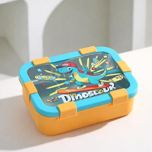 Image of 700ml Kids Lunch Box with 3 Compartments - Space Astronaut Design Leakproof Tiffin Box - BPA Free Food Storage Container with Secure Clip Locks for School, Travel & Picnic - Yellow