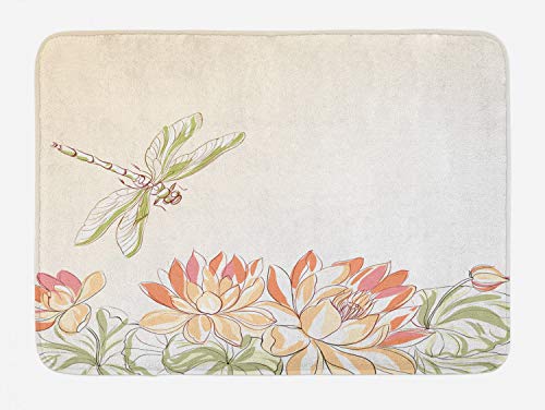 Ambesonne Dragonfly Bath Mat, Lotus Flower Field Winged Bug Flying Oriental Blooms Print
