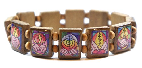 Reiki Healing Symbols Brown Wood Stretch Bracelet