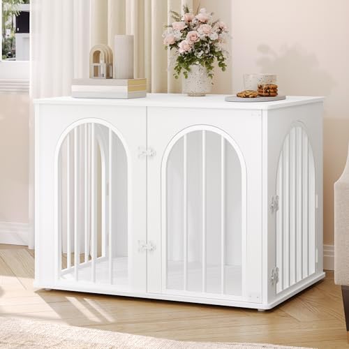 Hzuaneri Hundekäfig Möbel, 80cm Hundebox für Zuhause, 3 Türen, Bogentür, Moderne Hundebox Indoor für Hunde, Beistelltisch, Hundekäfig Hochbelastbar, 80 x 56 x 61 cm, Weiß DFC85113W
