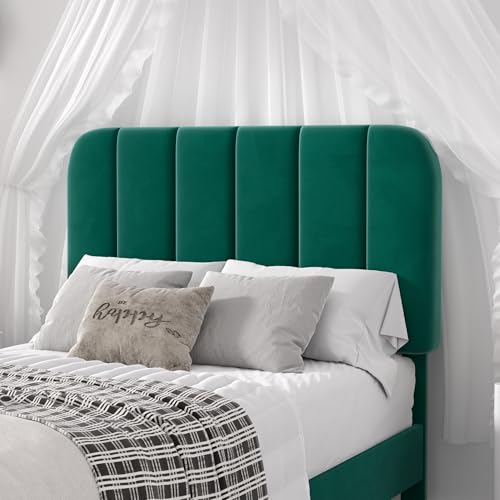 Image of VECELO Twin Size Bed Frame with Upholstered Headboard, Velvet Platform Bedframe Mattress Foundation, Strong Wood Slat Support, No Box Spring Needed,Green