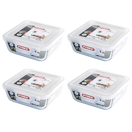 Pyrex Microwave Safe Classic Square Glass Dish with Plastic Lid 0.85 Litre White (Pack of 4)