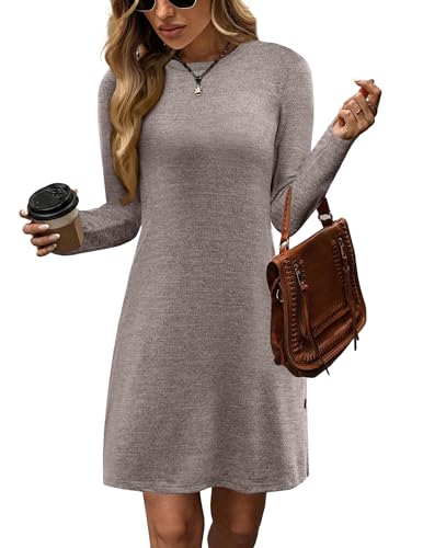Zeagoo Kleider Damen Langarmkleid Rundhals Strickkleid Herbst Winter Casual Dünn Kleid Einfarbig Knielang Kleid mit Knöpfen Braun L