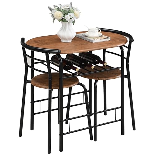 MOF Space Saving Table and Chairs Set for 2 Compact Small Dining Table Set with Storage Shelf 3 Piece Kitchen Breakfast Table for Apartment Studio Flat & Small Spaces (BROWN)