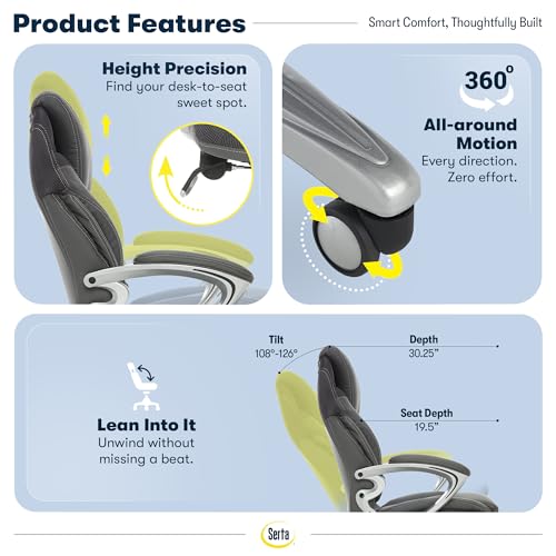Image of Serta Bryce Executive Office Chair - Ergonomic Computer Desk Chair with Patented AIR Lumbar Technology - Adjustable Height - Memory Foam Body Pillows - 360 Swivel Rolling Base - Bonded Leather - Gray