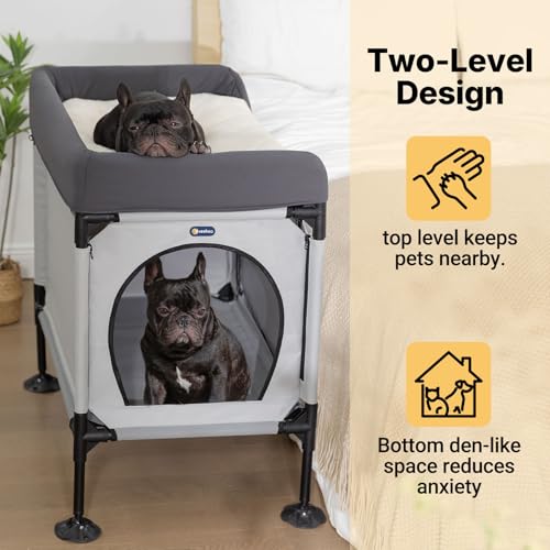 Veehoo Dog Bunk Bed, Dog Beds Attachment to Human Bed, Bedside Dogs Cot for Small, Medium Cats & Dogs, Pet Window Perch, Grey - Image 3